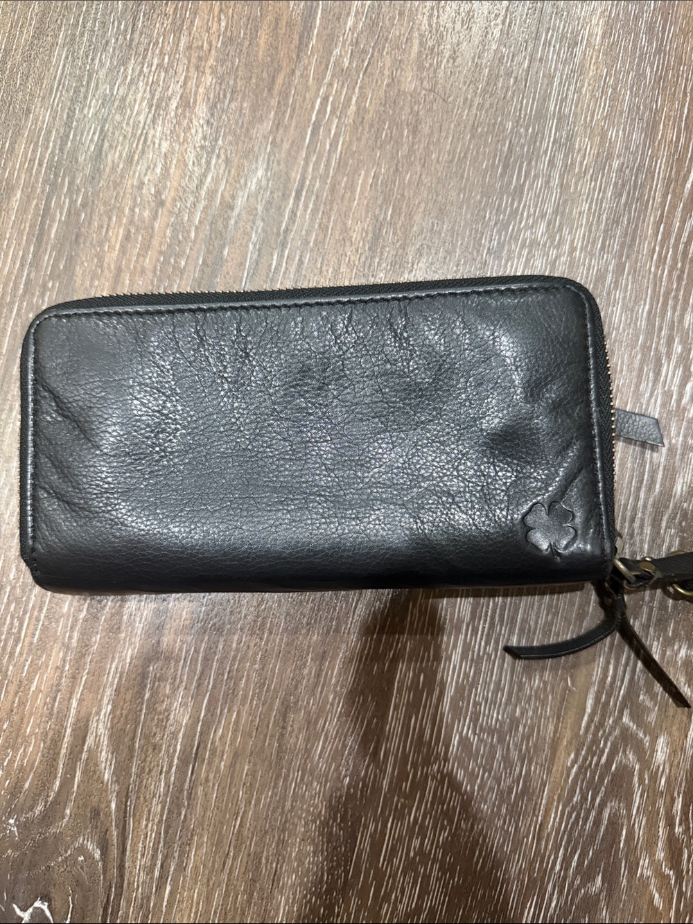 Lucky Brand Black Leather Zip-Around Wallet with Clover Detail